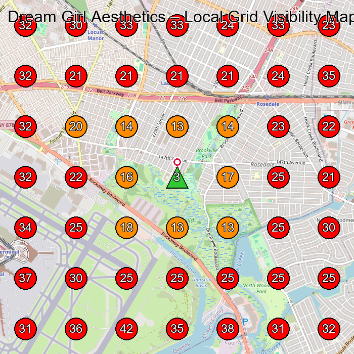 Dream Girl Aesthetics GeoGrid visibility map for Beauty Salon in Queens